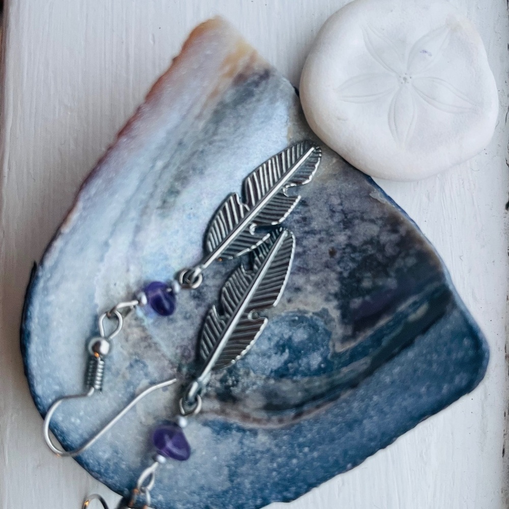 Boho Silver Feather and Amethyst Hook Earrings